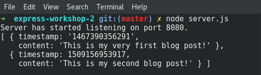 Checking our modified blogposts array in the Terminal