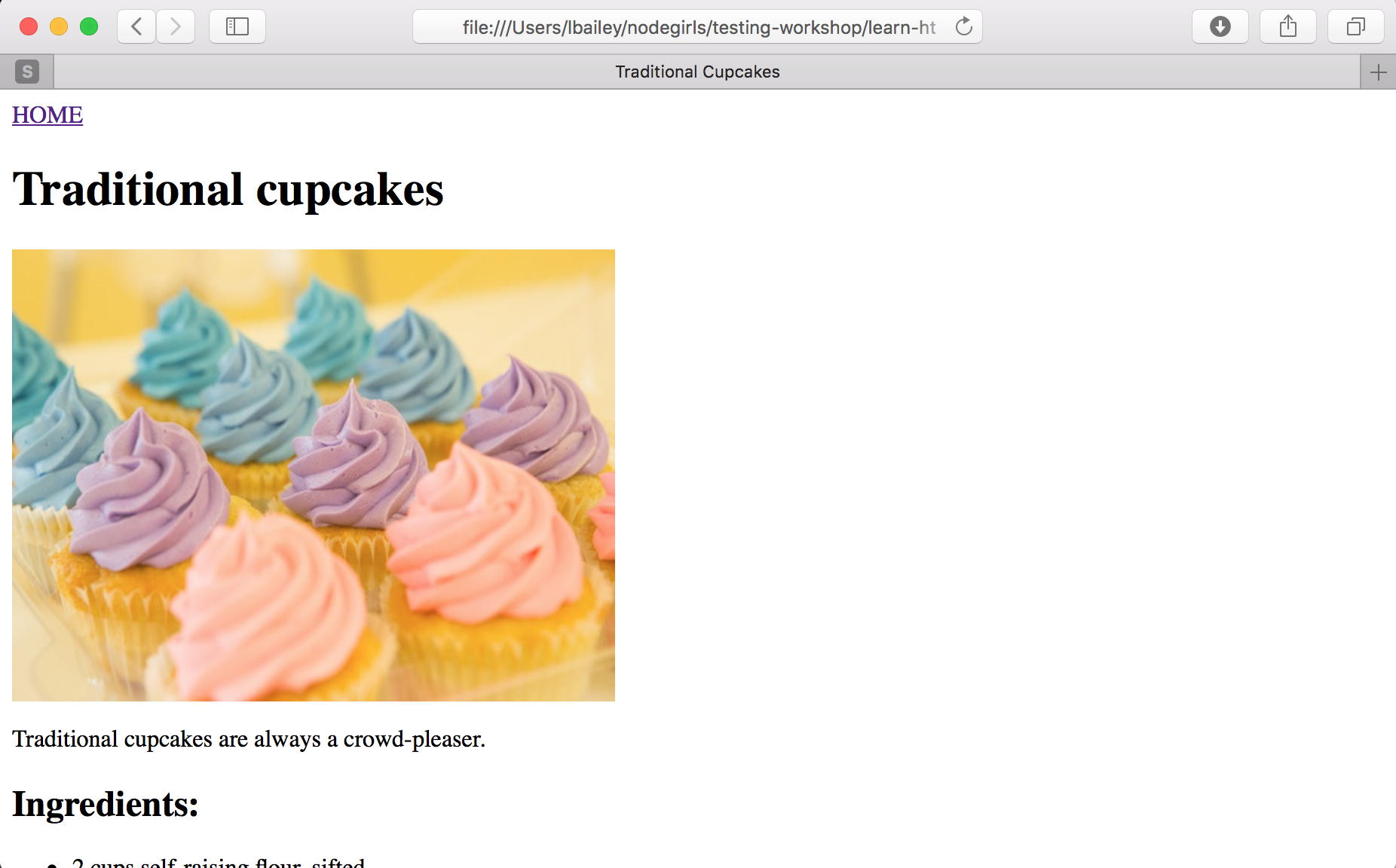 The cupcakes page with an image