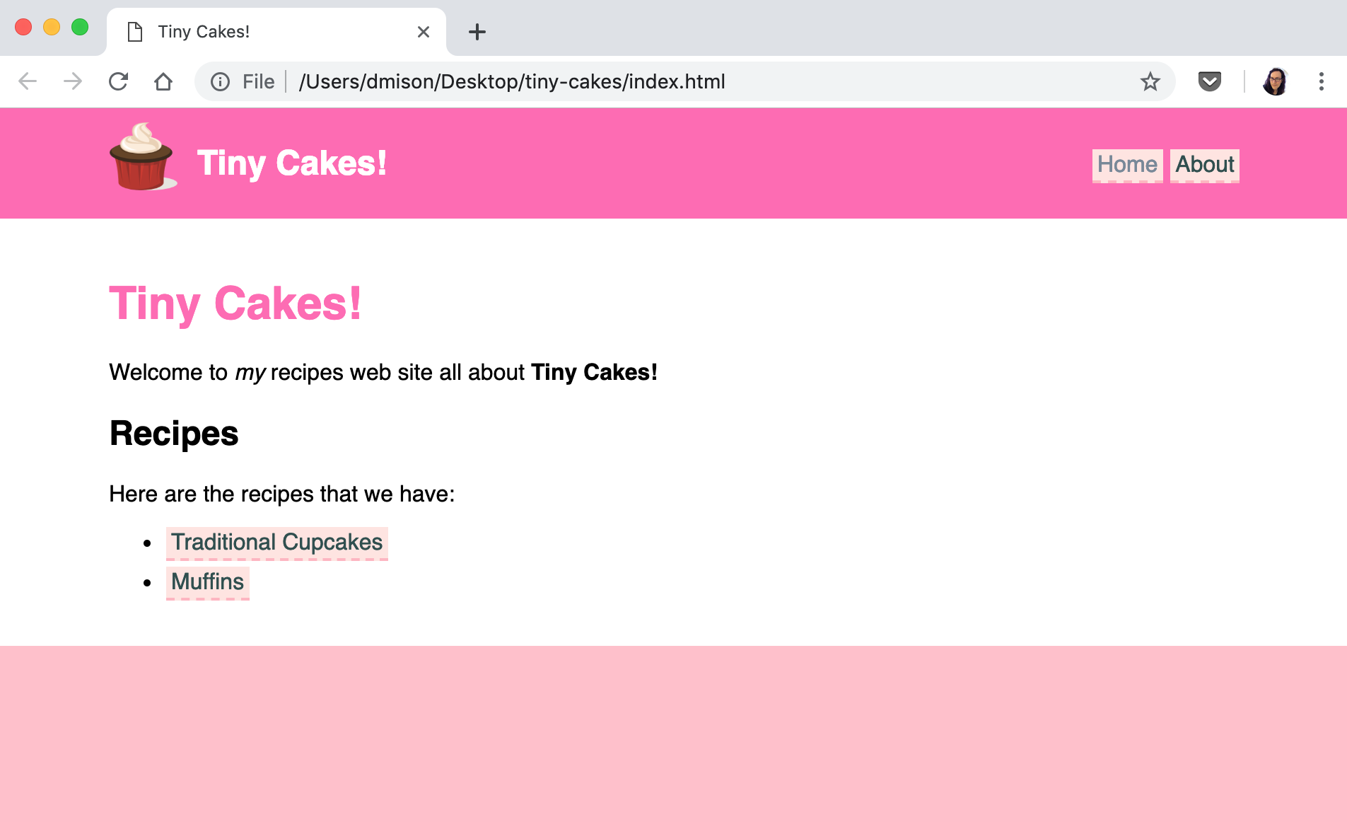 Tiny Cakes HTML viewed in browser